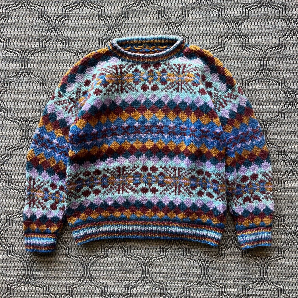 Vintage Fair Isle Sweater Mens XL Multicolor Wool Nordic Hand Knit Cottagecore